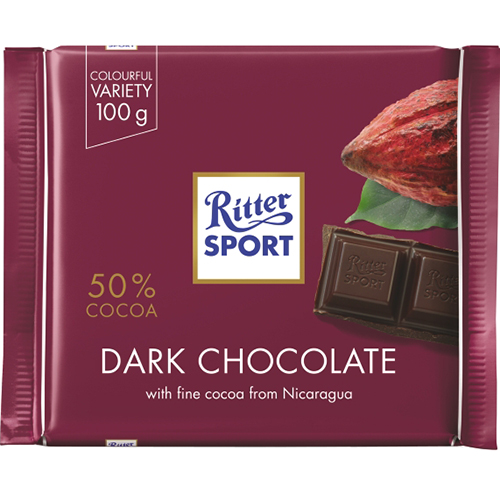 RITTER SPORT - DARK CHOCOLATE - (50% Cocoa) - 3.5oz