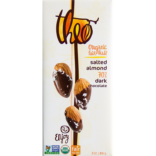 THEO - ORGANIC FAIR TRADE CHOCOLATE BAR - (Salted Almond 70% Dark) - 3oz